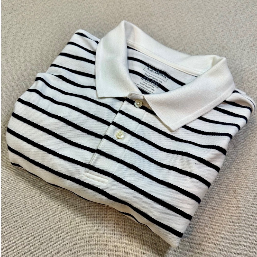 L.L. Bean Polo Shirt Mens XXL White Blue Cotton Striped Traditional Fit Preppy